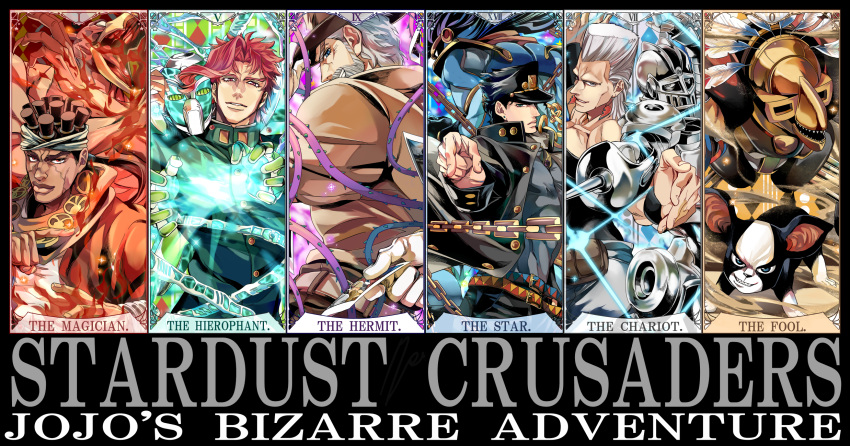 beard, blue_eyes, brown_hair, chain, column_lineup, dark_skin, dog, earrings, facial_hair, facial_mark, fire, from_behind, gakuran, gloves, green_eyes, grey_hair, grin, hair_tie, hat, headband, hermit_purple, hierophant_green, highres, iggy_(jojo), jean_pierre_polnareff, jewelry, jojo_no_kimyou_na_bouken, joseph_joestar, kakyouin_noriaki, kuujou_joutarou, looking_back, magician's_red, mohammed_avdol, nanase_(7sepdr), photo_(object), pointing, pointing_at_viewer, ponytail, profile, rapier, red_eyes, redhead, roman_numerals, sand, school_uniform, sharp_teeth, silver_chariot, silver_hair, smile, stand_(jojo), star_platinum, sword, teeth, tentacles, the_fool, weapon, white_gloves, wristband