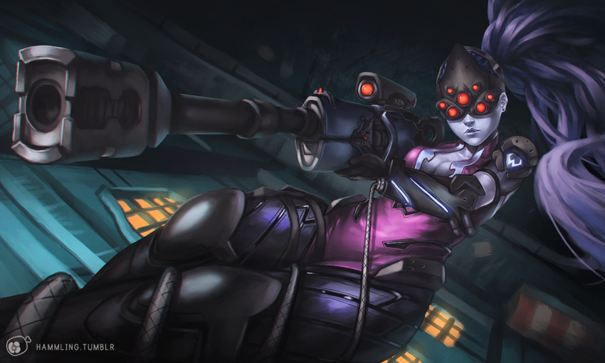 1girl, bodysuit, breasts, cleavage, grappling_hook, gun, hammling, lips