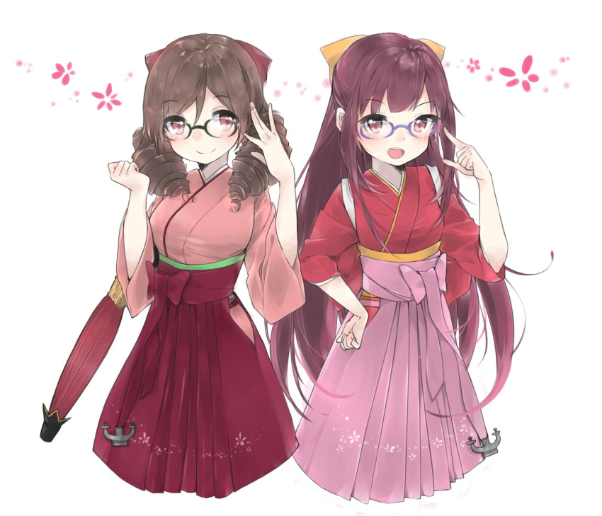 2girls, bespectacled, brown_eyes, brown_hair, drill_hair, glasses, hakama, harukaze_(kantai_collection)
