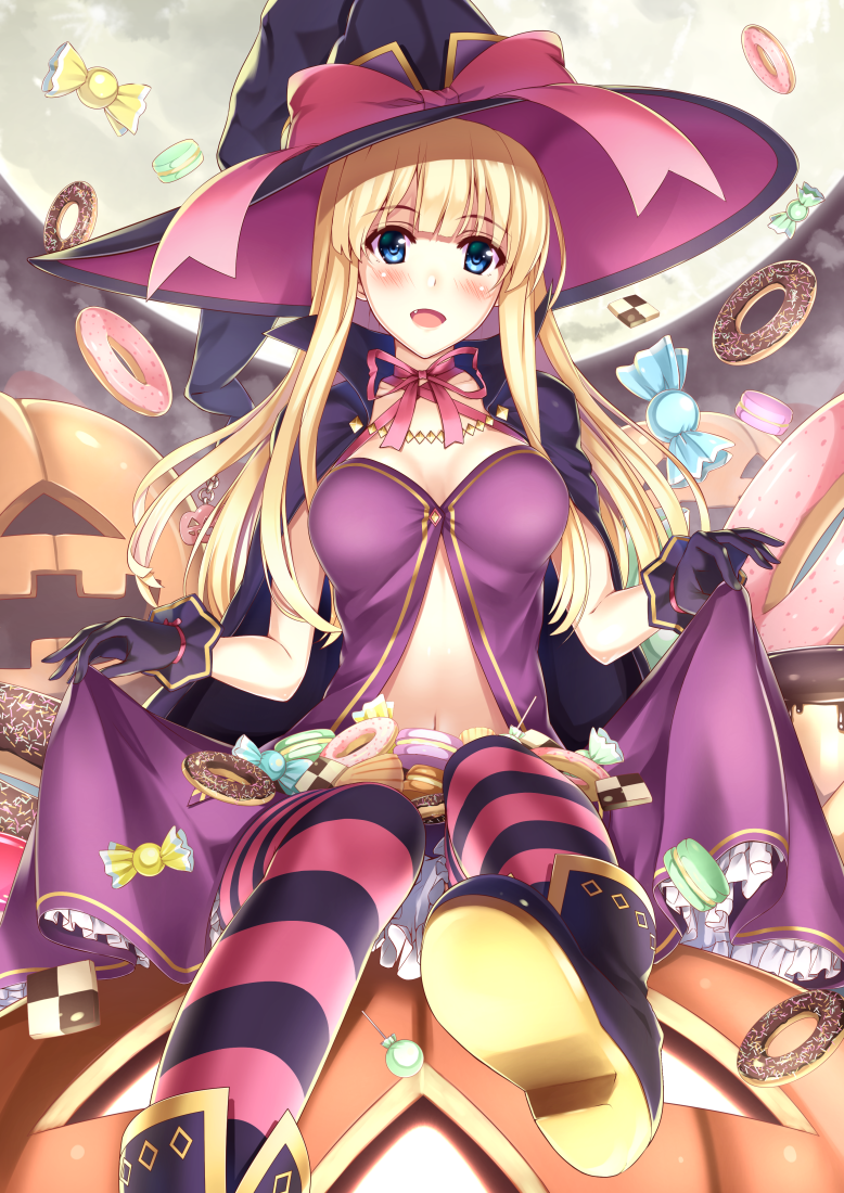 1girl, blonde_hair, blue_eyes, blush, boots, breasts, breasts_apart, candy, cape, choker, cookie, doughnut, fang, female, food, full_moon, hat, jack-o'-lantern, lollipop, macaron, moon, navel, original, oversized_object, red_ribbon, ribbon, ribbon_choker, sitting, skirt_hold, solo, striped, striped_legwear, thigh-highs, witch_hat, wrapped_candy, yukikaze_(aaassszzz)