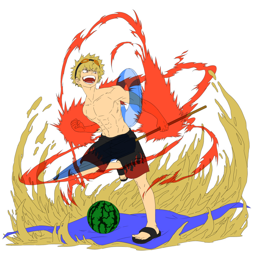 1boy, bakugou_katsuki, blonde_hair, boku_no_hero_academia, food, fruit, full_body, goggles