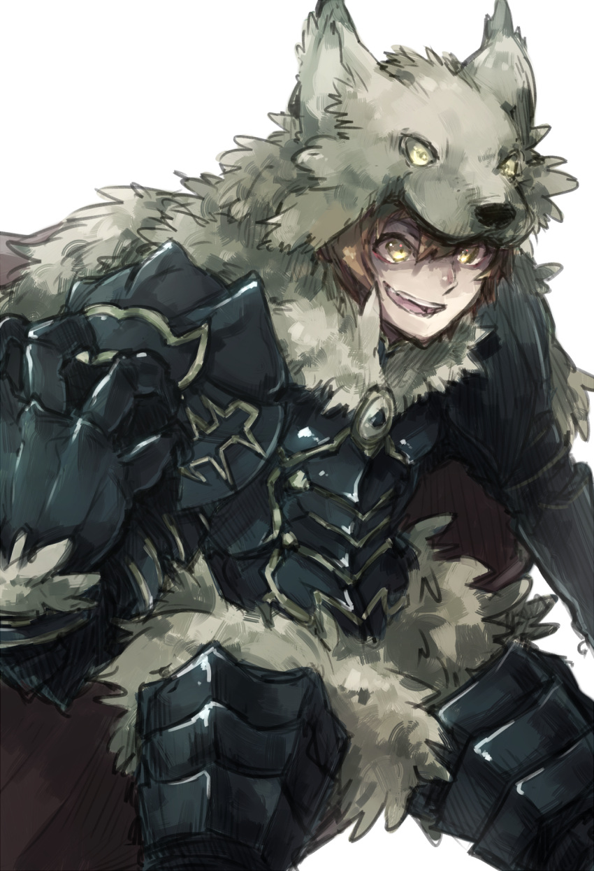 1boy, animal_ears, armor, asuna_(doruru-mon), berserker_(granblue_fantasy), brown_hair, cloak, fur