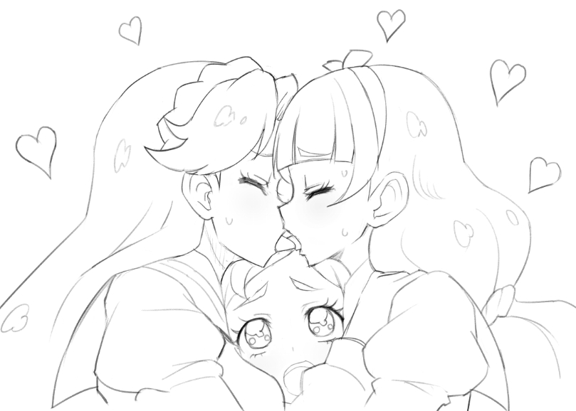 amanogawa_kirara, awestruck, closed_eyes, commentary_request, french_kiss, go!_princess_precure, haruno_haruka, heart