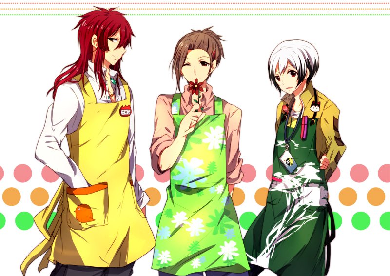 3boys, apron, brown_hair, kitamura_sora, looking_at_viewer, male_focus, multiple_boys, nemurakko