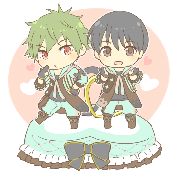 015, 2boys, akiyama_hayato, alternate_costume, black_hair, bow, chibi, frills