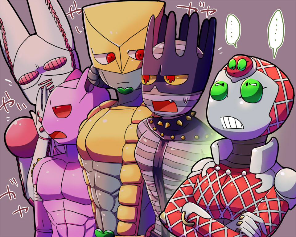 abs, clenched_teeth, crossed_arms, dirty_deeds_done_dirt_cheap, fang, flying_sweatdrops, jojo_no_kimyou_na_bouken, kamiura