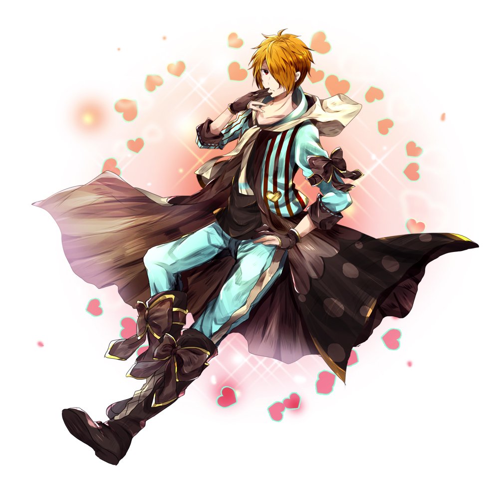 1boy, alternate_costume, boots, bow, full_body, gloves, hair_over_one_eye, heart