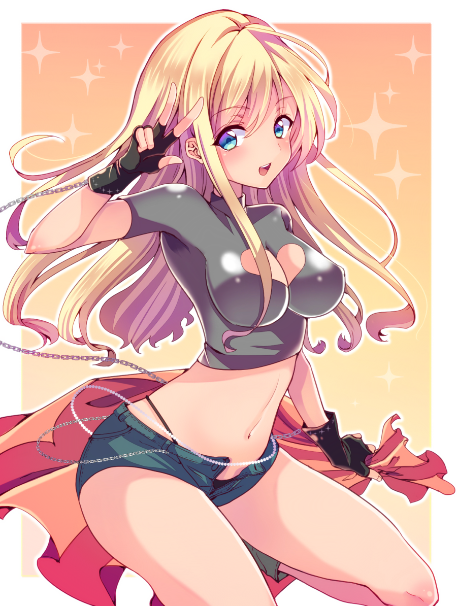 1girl, :d, bangs, black_gloves, black_panties, blonde_hair, blue_eyes, blue_shorts, boots, breasts, chain, chihiro_(oimo), cleavage_cutout, crop_top, dark_skin, eyebrows, eyebrows_visible_through_hair, fingerless_gloves, gloves, gradient, gradient_background, hair_between_eyes, heart_cutout, highleg, highleg_panties, holding, long_hair, looking_at_viewer, midriff, navel, open_fly, open_mouth, original, outline, panties, short_sleeves, smile, solo, sparkle, stomach, turtleneck, unbuttoned, underwear, v, white_border, yellow_background
