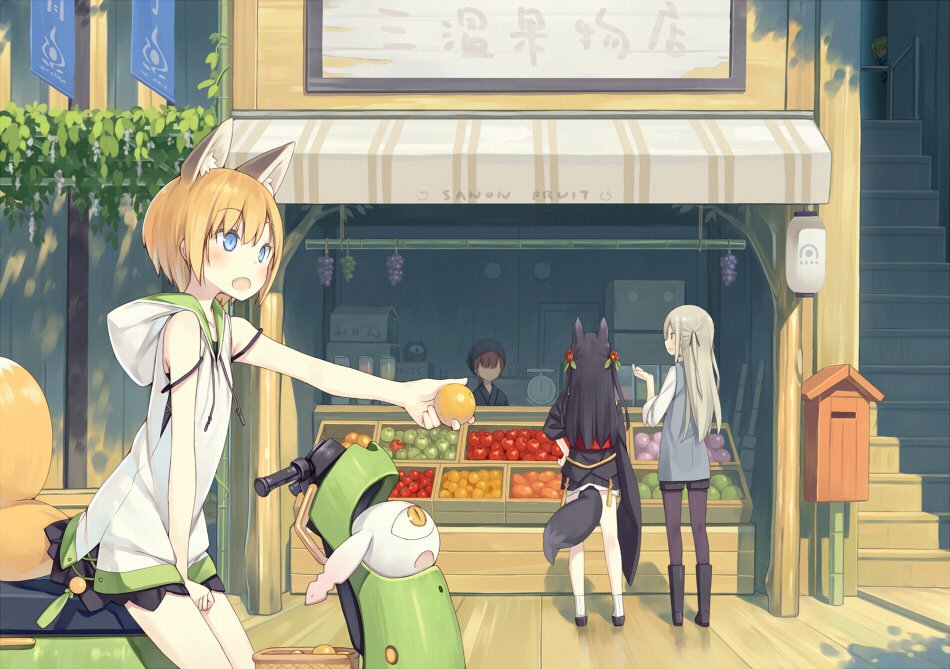 4girls, animal_ears, black_hair, blonde_hair, blue_eyes, fang, flower, food, fox_ears, fox_tail, fruit, fruit_stand, hair_ornament, hood, hoodie, japanese_clothes, kuroino_(poco), kuromitsu_nene, long_hair, motor_vehicle, multiple_girls, open_mouth, orange, original, poco_(asahi_age), scooter, shiratama_kitsune, short_hair, skirt, smile, stairs, tail, vehicle