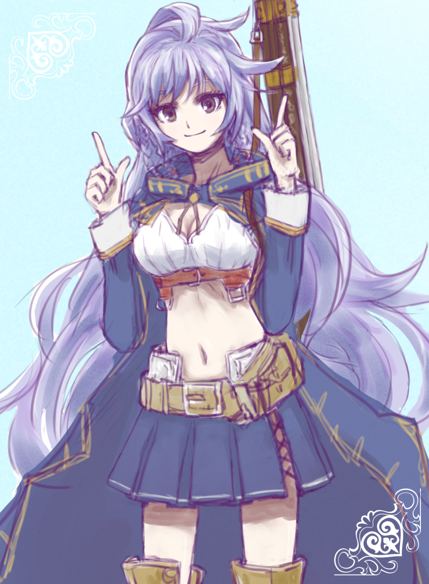 1girl, ahoge, blue_background, blue_cape, blue_skirt, braid, breasts, cleavage, crop_top, granblue_fantasy, gun, hair_between_eyes, highres, index_finger_raised, kitsuka_(kitsuka_11), long_hair, long_sleeves, midriff, miniskirt, navel, pleated_skirt, rifle, silva_(granblue_fantasy), simple_background, skirt, smile, sniper_rifle, twin_braids, very_long_hair, wavy_hair, weapon, weapon_on_back, yellow_eyes