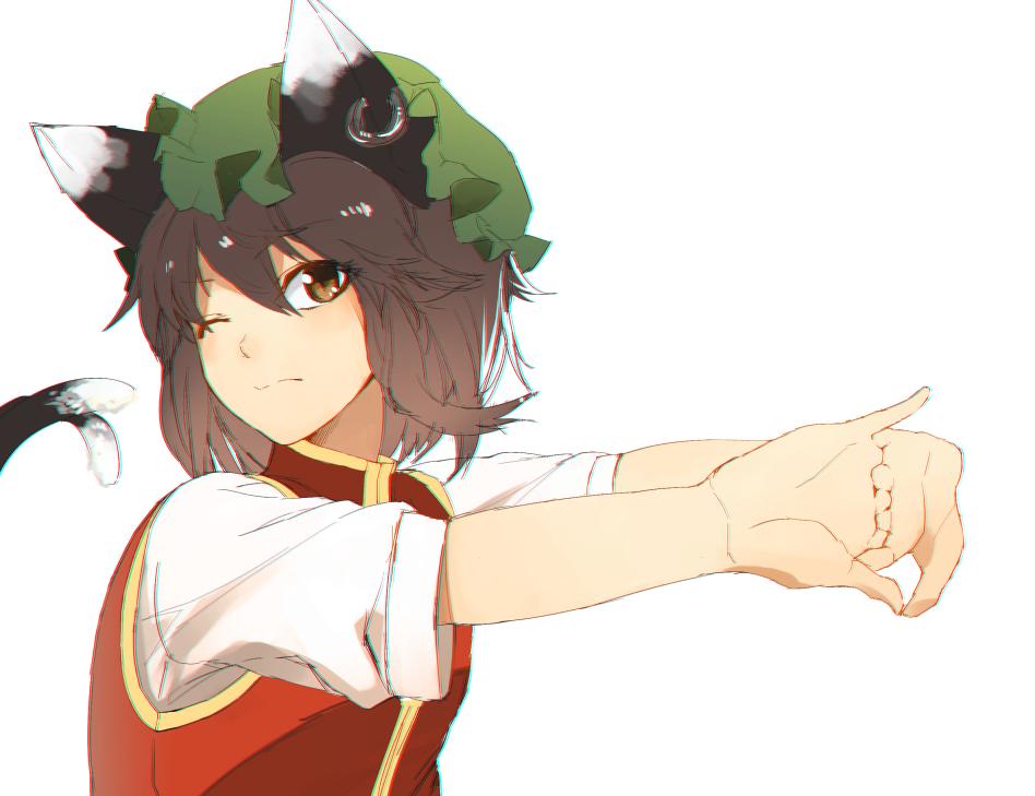 1girl, animal_ears, brown_eyes, brown_hair, cat_ears, cat_tail, chen, chromatic_aberration