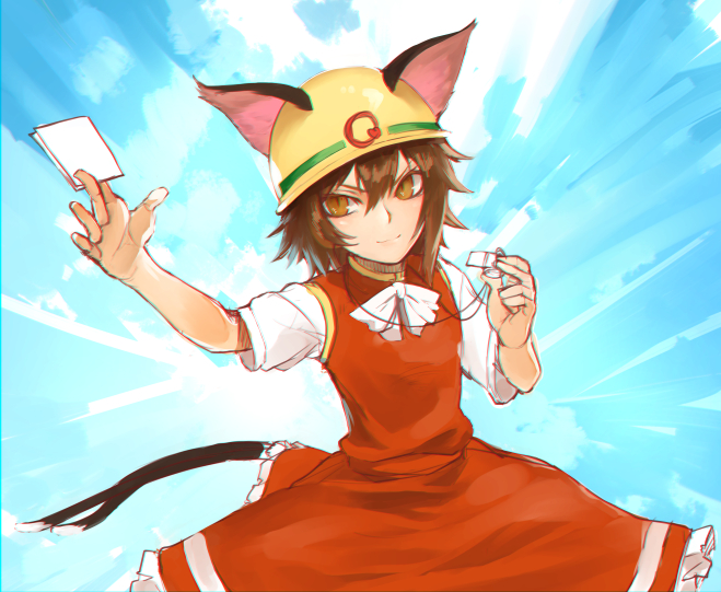 >:), 1girl, animal_ears, bow, bowtie, brown_eyes, brown_hair, card, cat_ears, cat_tail, chen, dress, helmet, jewelry, kinketsu, multiple_tails, parody, red_dress, rescue_cat, short_hair, short_sleeves, single_earring, smile, solo, tail, touhou, two_tails, upper_body, whistle, white_bow, white_bowtie, yuu-gi-ou