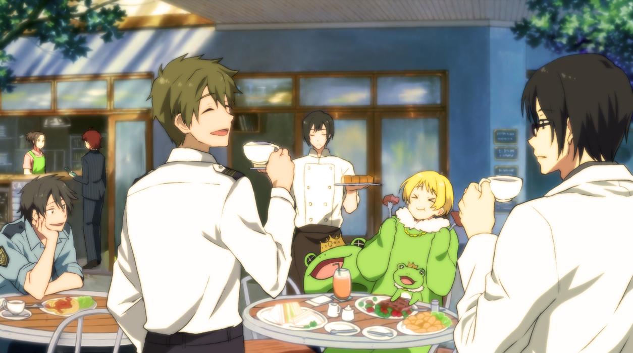 >_<, 6+boys, akuno_hideo, animal_costume, apron, black_hair, blonde_hair, brown_hair