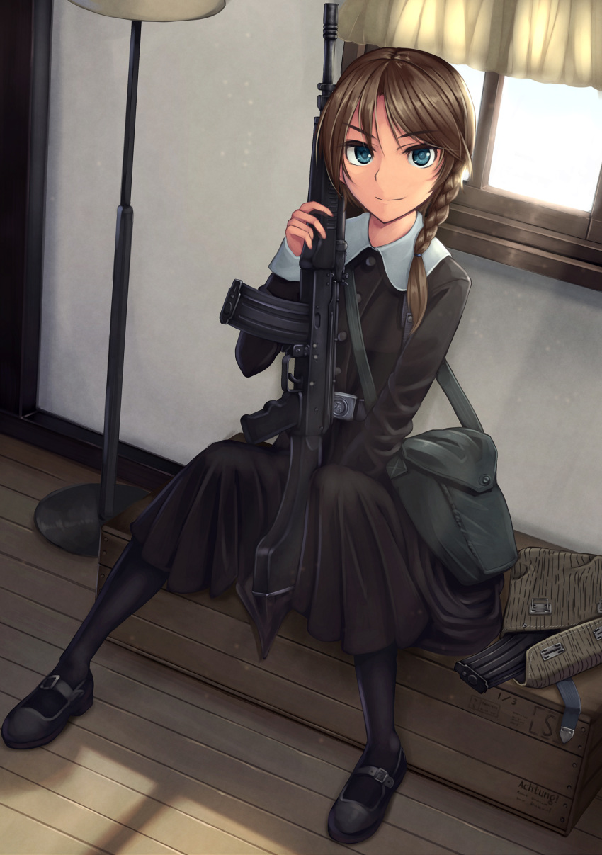 1girl, absurdres, assault_rifle, bag, belt, belt_buckle, between_legs, black_dress, black_legwear, box, braid, brown_hair, buckle, curtains, dreadtie, dress, east_german, german, green_eyes, gun, hand_between_legs, highres, indoors, lamp, long_hair, looking_at_viewer, magazine_(weapon), mary_janes, original, pantyhose, rifle, satchel, shadow, shoes, single_braid, sitting, solo, sunlight, weapon, wieger_stg-940, window, wooden_box