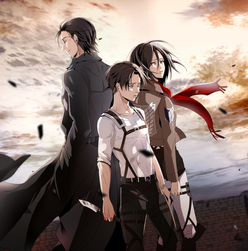 1girl, 2boys, arms_at_sides, back-to-back, bangs, belt, black_boots, black_coat