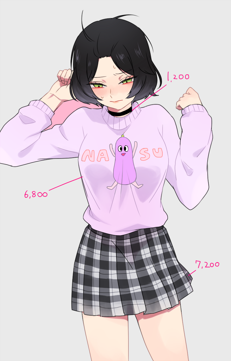 1girl, alternate_costume, black_hair, breasts, character_name, closed_mouth, clothes_writing, cowboy_shot, green_eyes, highres, kumagai_yuuko, long_hair, long_sleeves, miniskirt, number, plaid, plaid_skirt, pleated_skirt, price_tag, print_sweater, short_hair, simple_background, skirt, solo, sweat, sweater, tsukumo_kaname, world_trigger