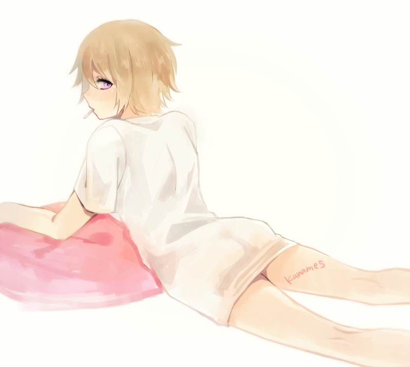 1girl, ass, back, bangs, blonde_hair, blush, bottomless, candy