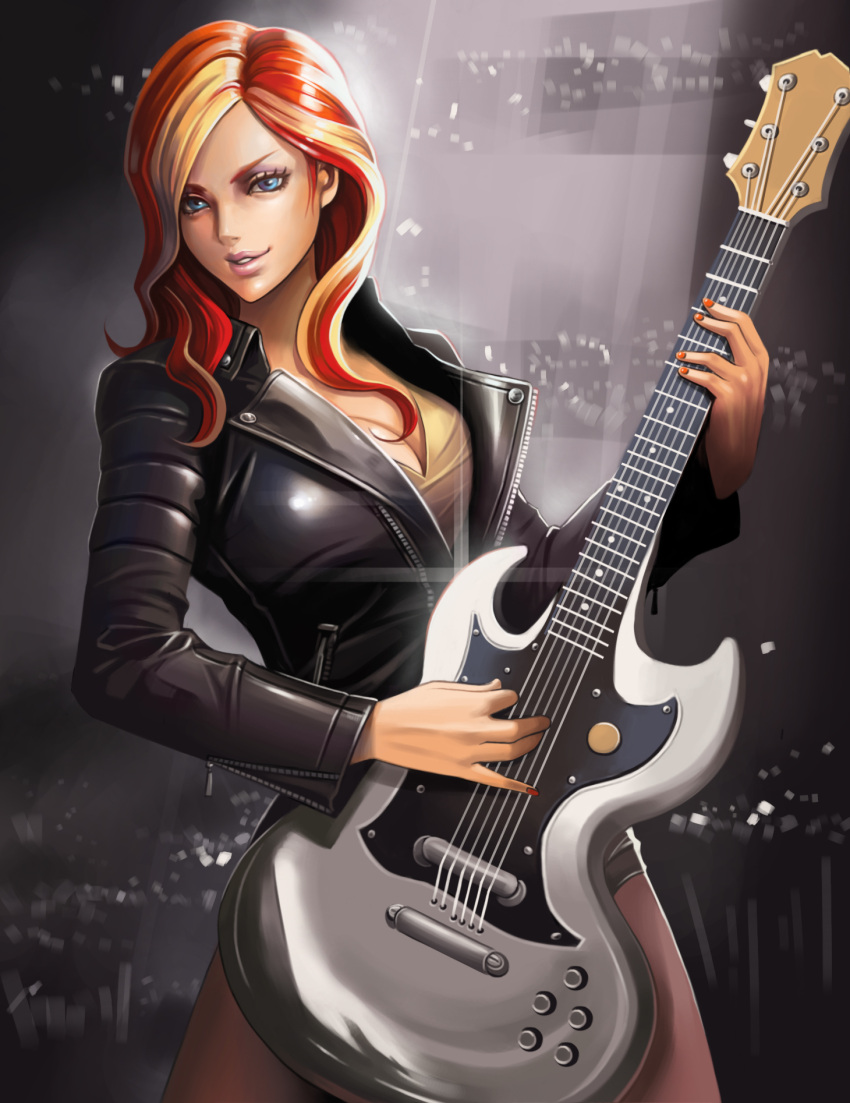 1girl, :d, black_jacket, blonde_hair, blue_eyes, breasts, brown_shirt, cleavage, collarbone, contrapposto, cowboy_shot, dantewontdie, guitar, highres, holding, instrument, jacket, large_breasts, leather, leather_jacket, light_rays, light_smile, lips, long_hair, multicolored_hair, my_little_pony, my_little_pony_equestria_girls, my_little_pony_friendship_is_magic, nail_polish, open_mouth, orange_hair, pantyhose, parted_lips, playing_instrument, purple_legwear, red_nails, shirt, smile, solo, stage_lights, standing, streaked_hair, sunset_shimmer, unzipped