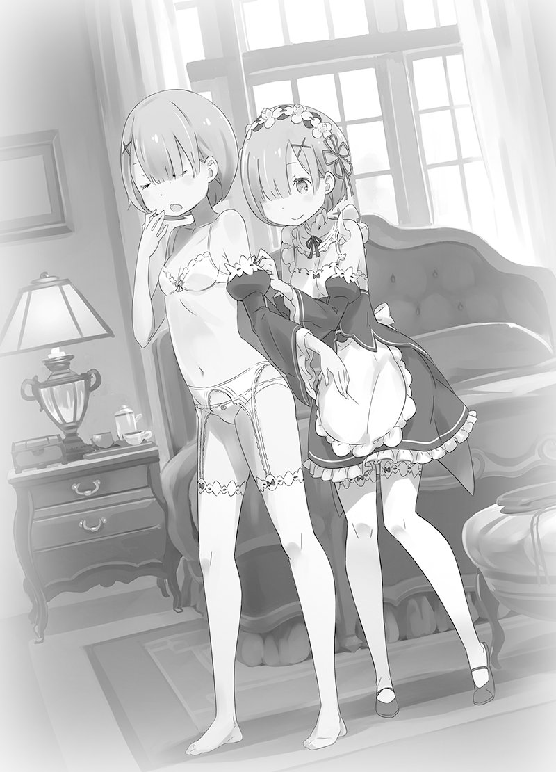 2girls, apron, breasts, cleavage, contrapposto, detached_sleeves, dressing, dutch_angle