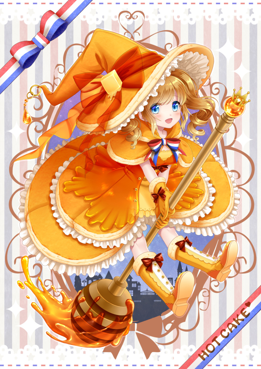 1girl, blue_eyes, boots, bow, brown_bow, brown_hair, curly_hair, dress, food_themed_clothes, frills, full_body, gloves, hat, hat_bow, highres, honey, honey_dipper, knee_boots, looking_at_viewer, morinaga_&amp;_company, orange_boots, orange_bow, orange_dress, orange_gloves, orange_hat, original, pancake, personification, short_hair, smile, solo, striped, striped_bow, totsuki_ryuna, twintails, witch_hat