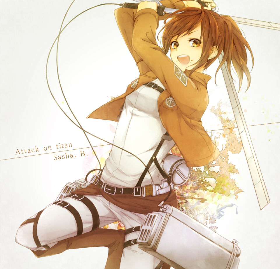 1girl, azuma_(pixiv2253775), belt, brown_eyes, brown_hair, brown_jacket, character_name, copyright_name, dual_wielding, holding, holding_sword, holding_weapon, open_mouth, sasha_braus, shingeki_no_kyojin, solo, sword, underwear, weapon
