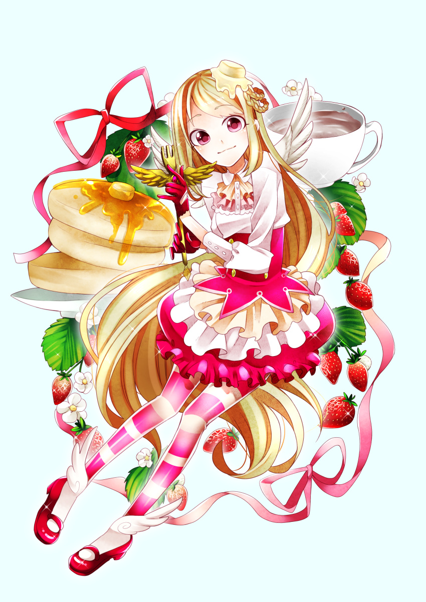 1girl, absurdres, blonde_hair, blue_background, bow, bubble_skirt, butter, coffee