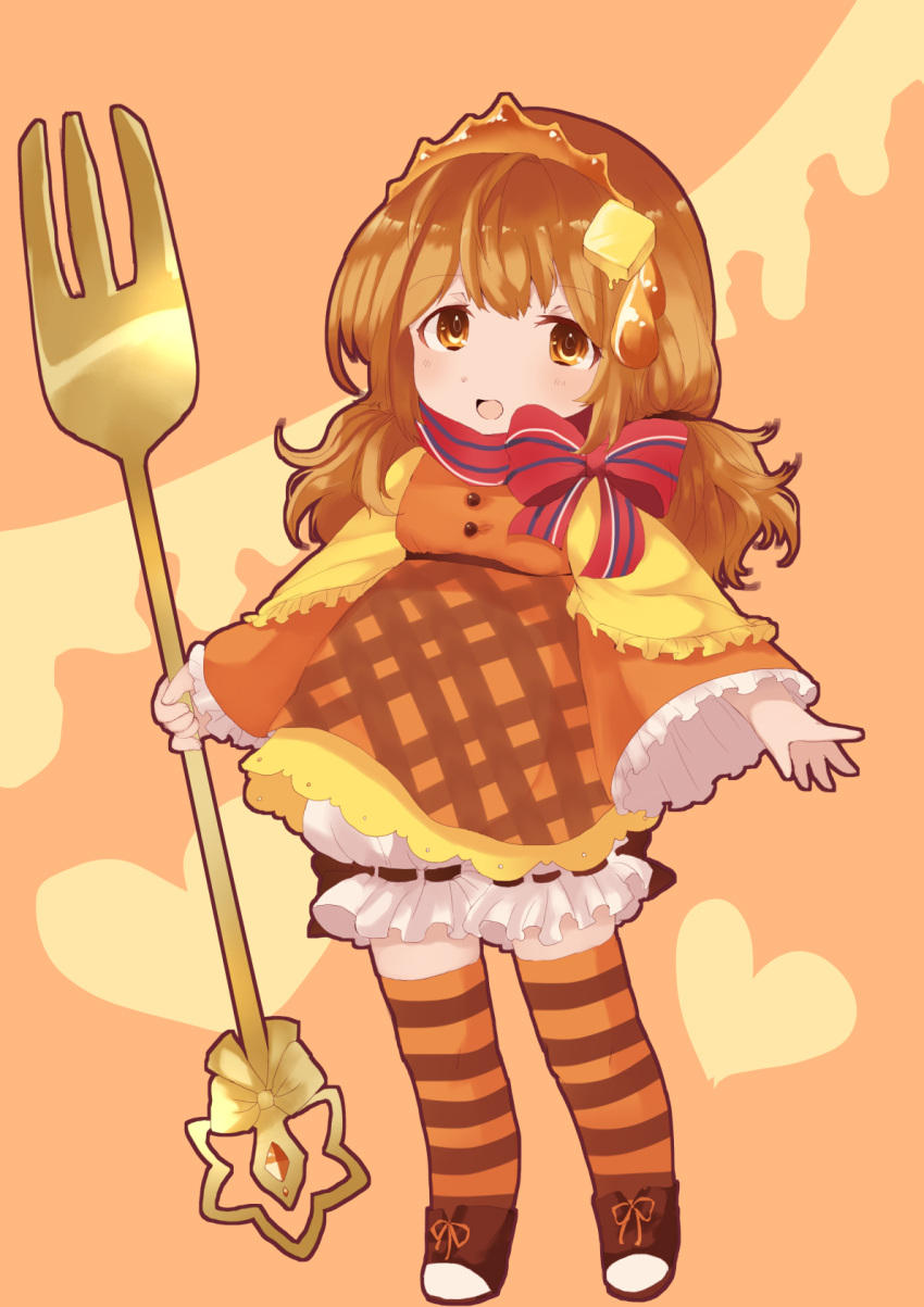 1girl, bloomers, bow, brown_eyes, brown_hair, butter, food_themed_hair_ornament, fork