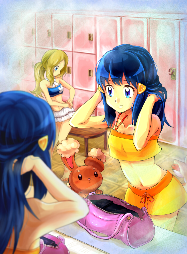 2girls, bikini, bikini_skirt, blue_eyes, blue_hair, buneary, creatures_(company), frilled_bikini, frills, game_freak, hand_in_hair, hikari_(pokemon), indoors, light_brown_hair, locker_room, long_hair, multiple_girls, navel, nintendo, pokemon, pokemon_(anime), pokemon_(creature), pokemon_dppt, pokemon_xy, ponytail, rabbit, serena_(pokemon), smile, swimsuit, yellow_bikini, zin_(mame_denkyu)