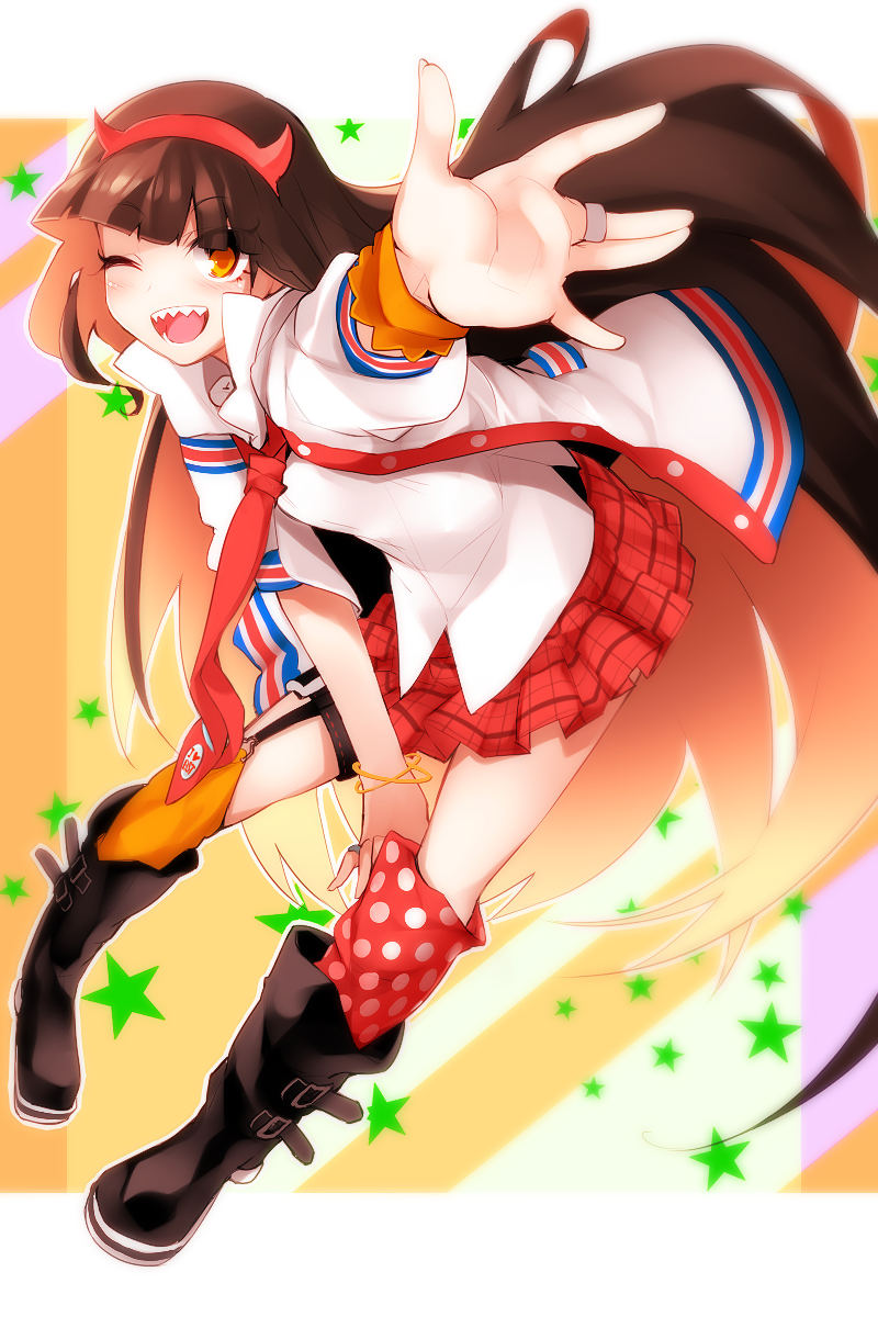 1girl, ;d, beatstream, blush, boots, brown_hair, highres, jewelry, kazetto, long_hair, looking_at_viewer, mismatched_legwear, necktie, one_eye_closed, open_mouth, orange_legwear, polka_dot, polka_dot_legwear, ring, sharp_teeth, skirt, smile, solo, teeth, yellow_eyes