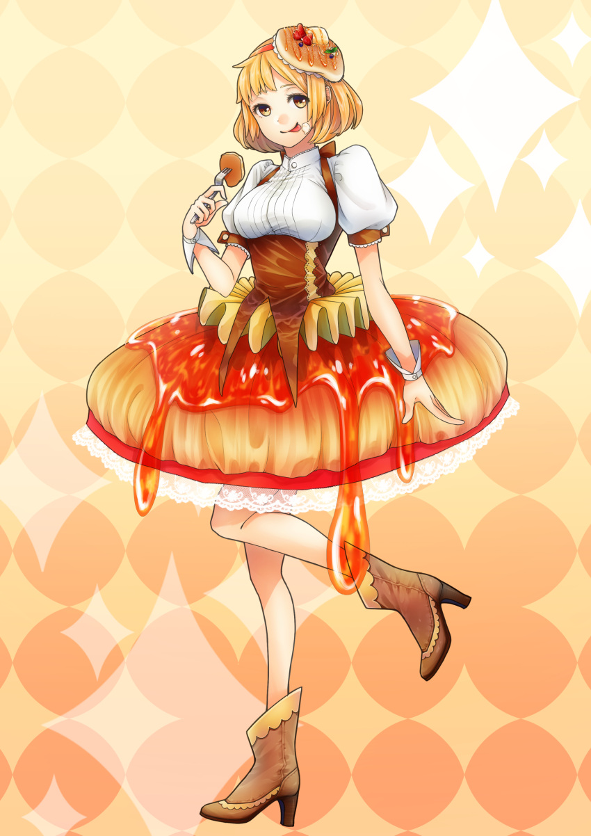 1girl, :p, absurdres, blonde_hair, blouse, boots, brown_boots, brown_eyes
