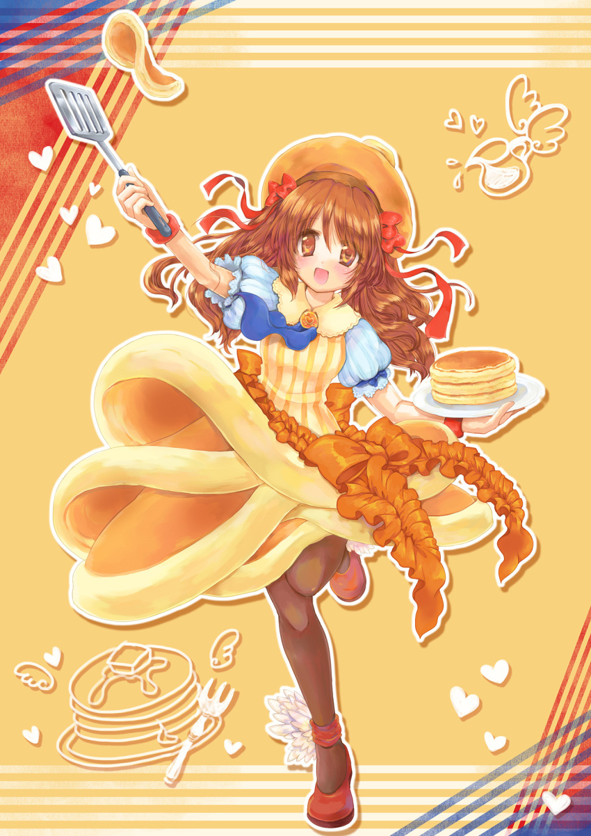 1girl, :d, black_legwear, blue_necktie, bow, brooch, brown_eyes, brown_hair