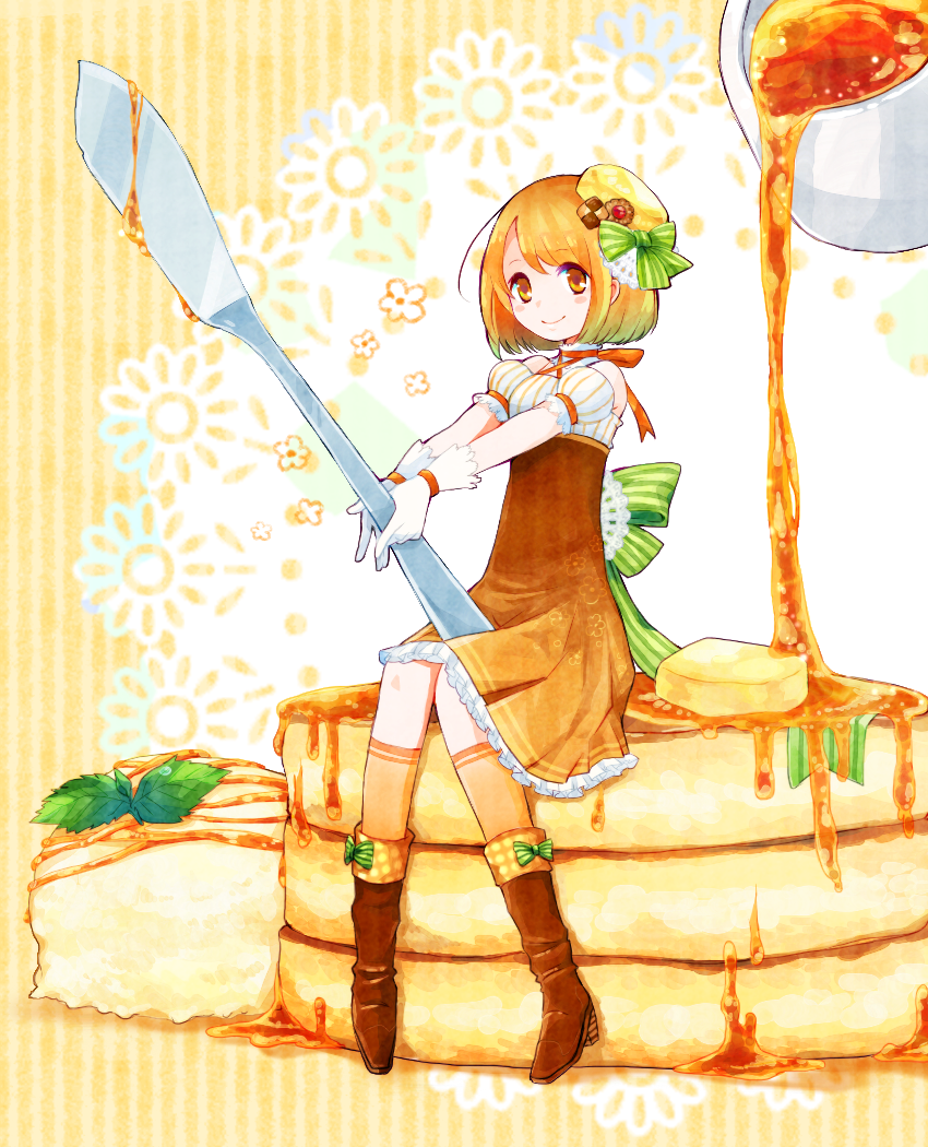 1girl, boots, bow, brown_boots, brown_eyes, brown_hair, brown_skirt, checkerboard_cookie