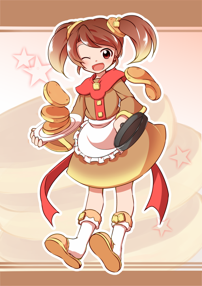 1girl, ;d, apron, blonde_hair, brown_background, brown_hair, brown_skirt, dairi, food_themed_clothes, food_themed_hair_ornament, frying_pan, full_body, gradient_hair, hair_ornament, kneehighs, looking_at_viewer, morinaga_&amp;_company, multicolored_hair, one_eye_closed, open_mouth, original, pancake, personification, plate, red_eyes, short_hair, skirt, slippers, smile, solo, standing, star, twintails, white_legwear