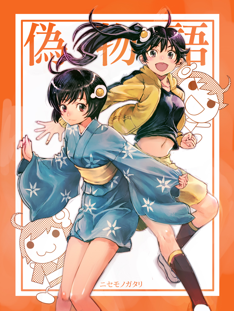 >:d, :3, :d, ahoge, araragi_karen, araragi_tsukihi, black_hair, boyaking