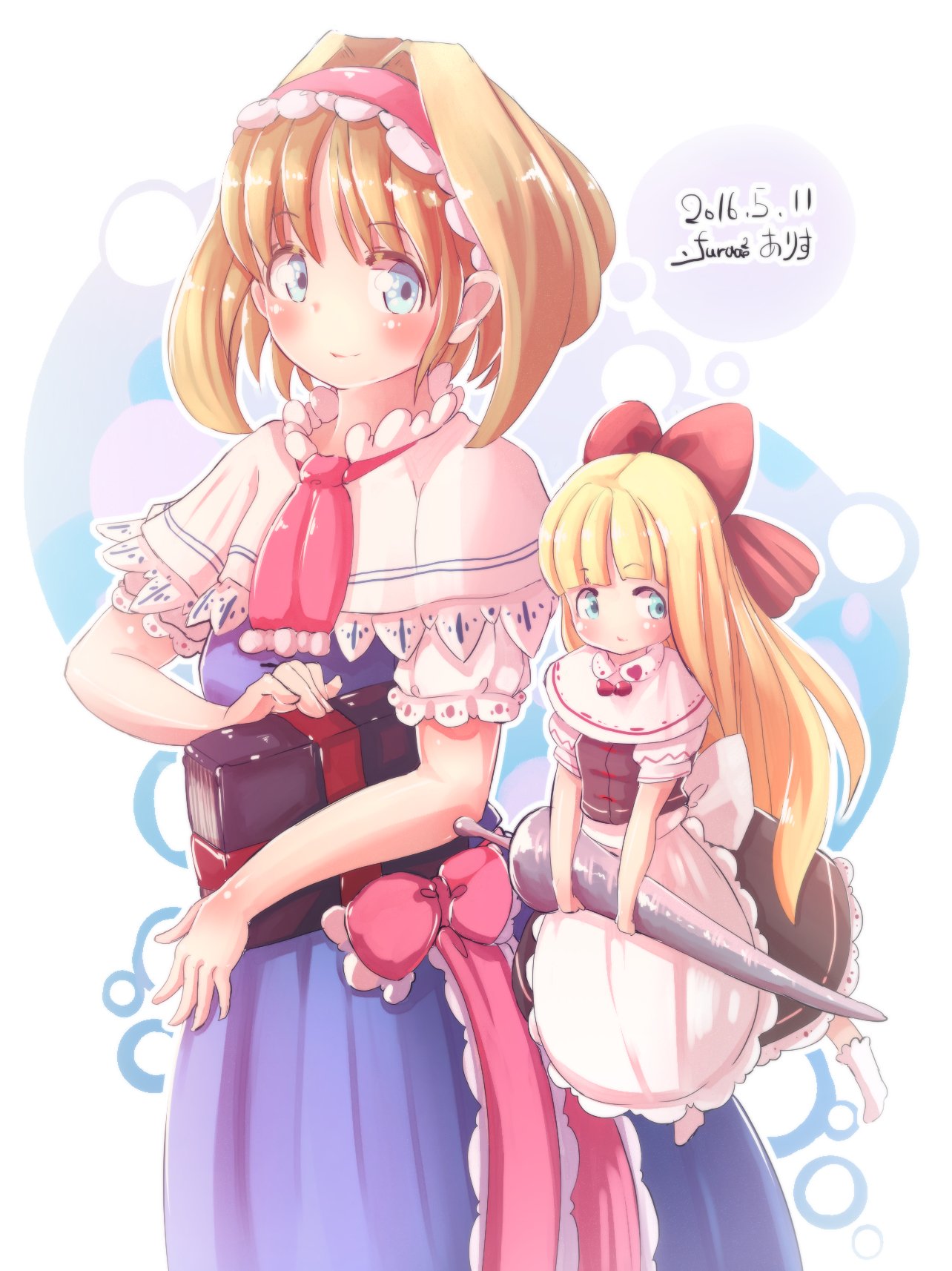 2girls, alice_margatroid, apron, ascot, blonde_hair, blue_dress, blue_eyes, book