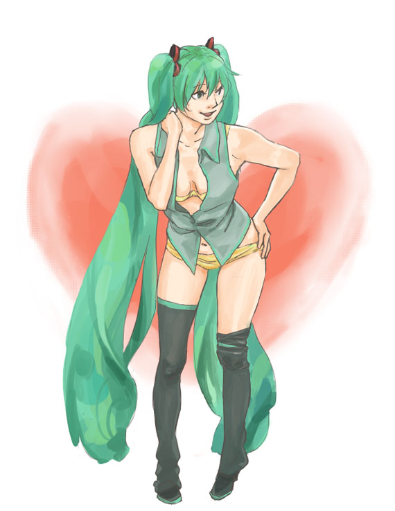 cleavage, green_hair, hatsune_miku, long_hair, open_clothes, open_shirt, panties, pooo, shirt, smile, thigh-highs, thighhighs, twintails, underwear, very_long_hair, vocaloid