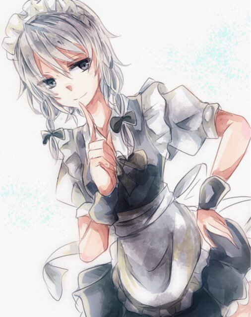 1girl, apron, aridamikannn, braid, finger_to_mouth, izayoi_sakuya, maid, maid_apron, maid_headdress, puffy_short_sleeves, puffy_sleeves, short_sleeves, silver_hair, smile, solo, touhou, twin_braids, waist_apron, wrist_cuffs