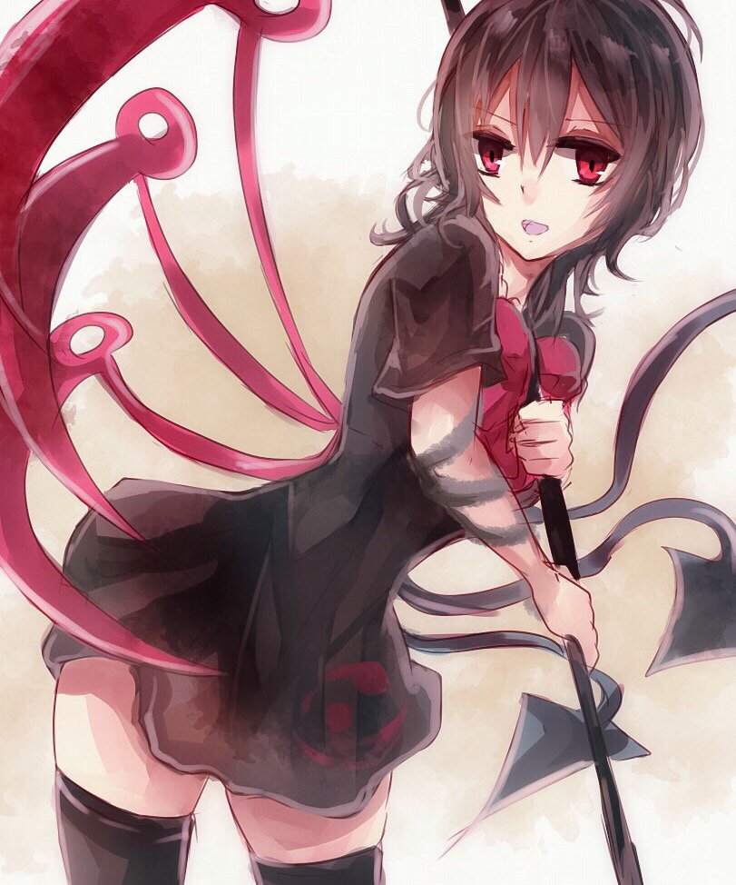 1girl, aridamikannn, asymmetrical_wings, black_dress, black_hair, black_legwear, dress, houjuu_nue