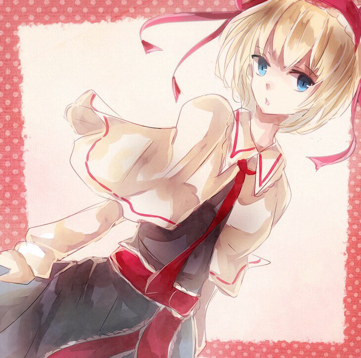 1girl, alice_margatroid, aridamikannn, blonde_hair, blue_dress, blue_eyes, capelet, dress