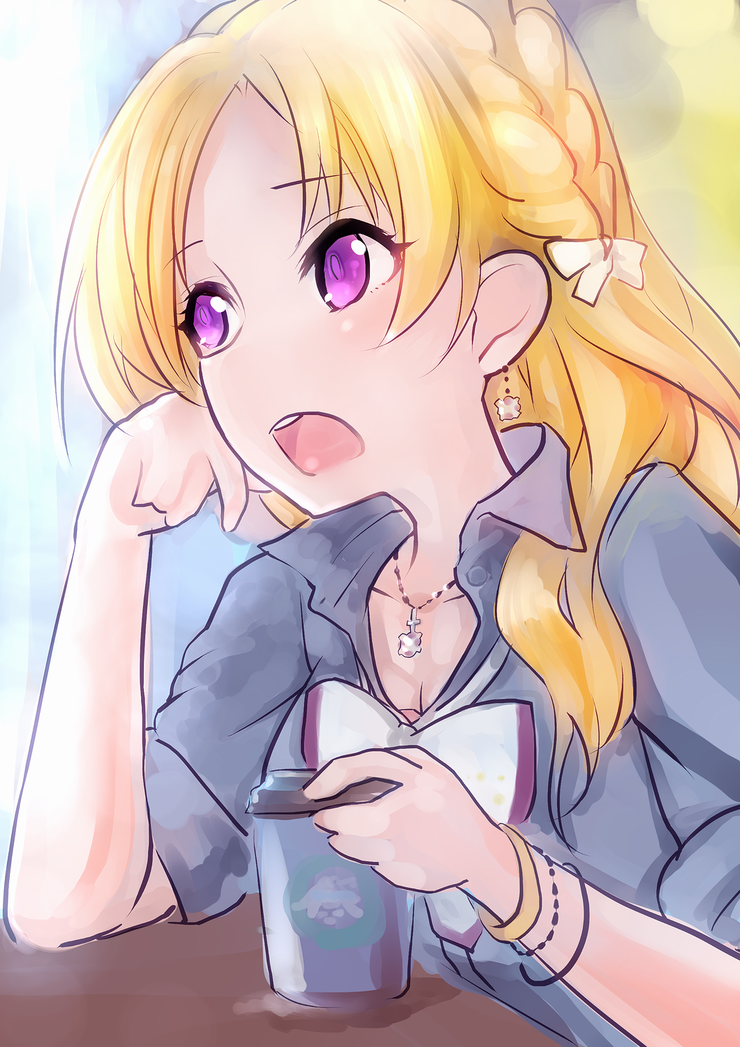 1girl, bangle, blonde_hair, bow, bracelet, character_request, coffee_cup, earrings