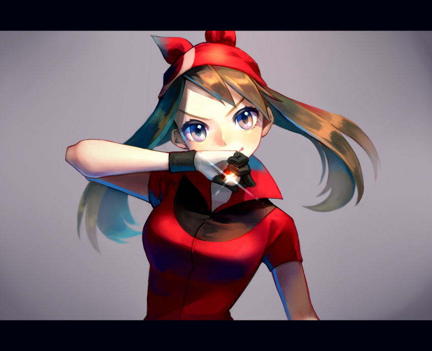 >:), 1girl, bandana, breasts, brown_hair, haruka_(pokemon), highres, holding