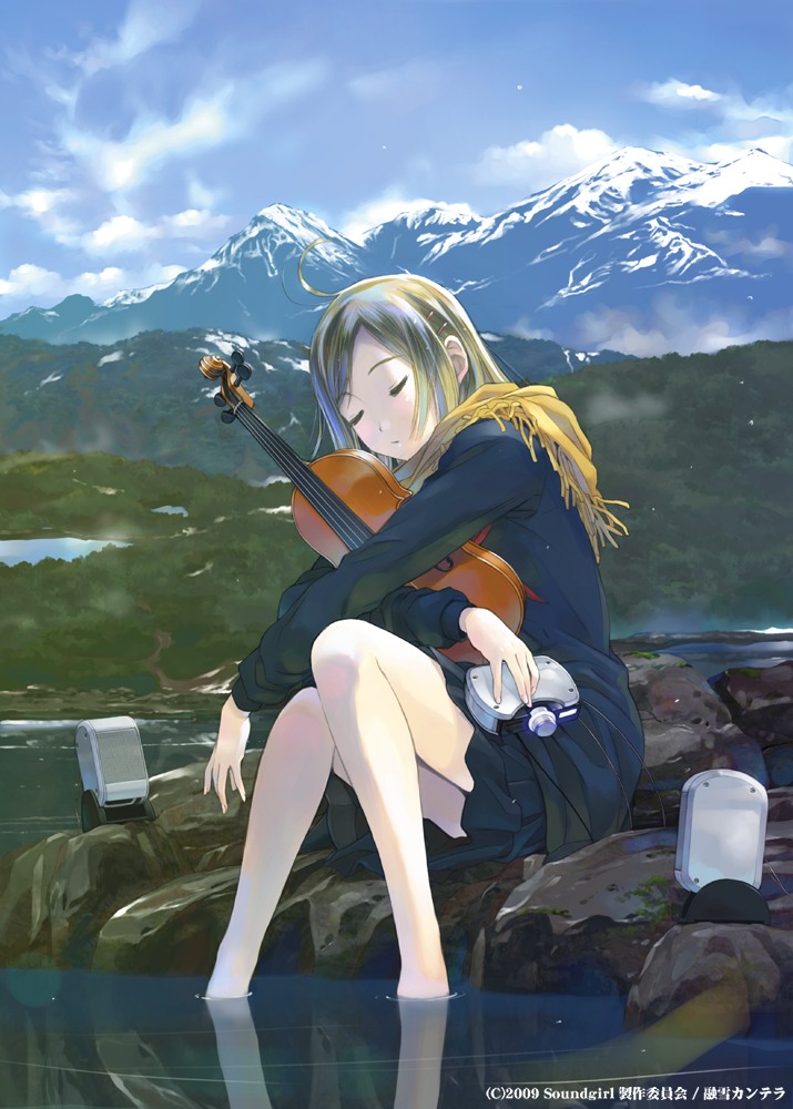 feet_in_water, instrument, long_hair, mountain, multicolored_hair, original, scarf, soaking_feet, soundgirl, speaker, violin, water, yoshizuki_kumichi