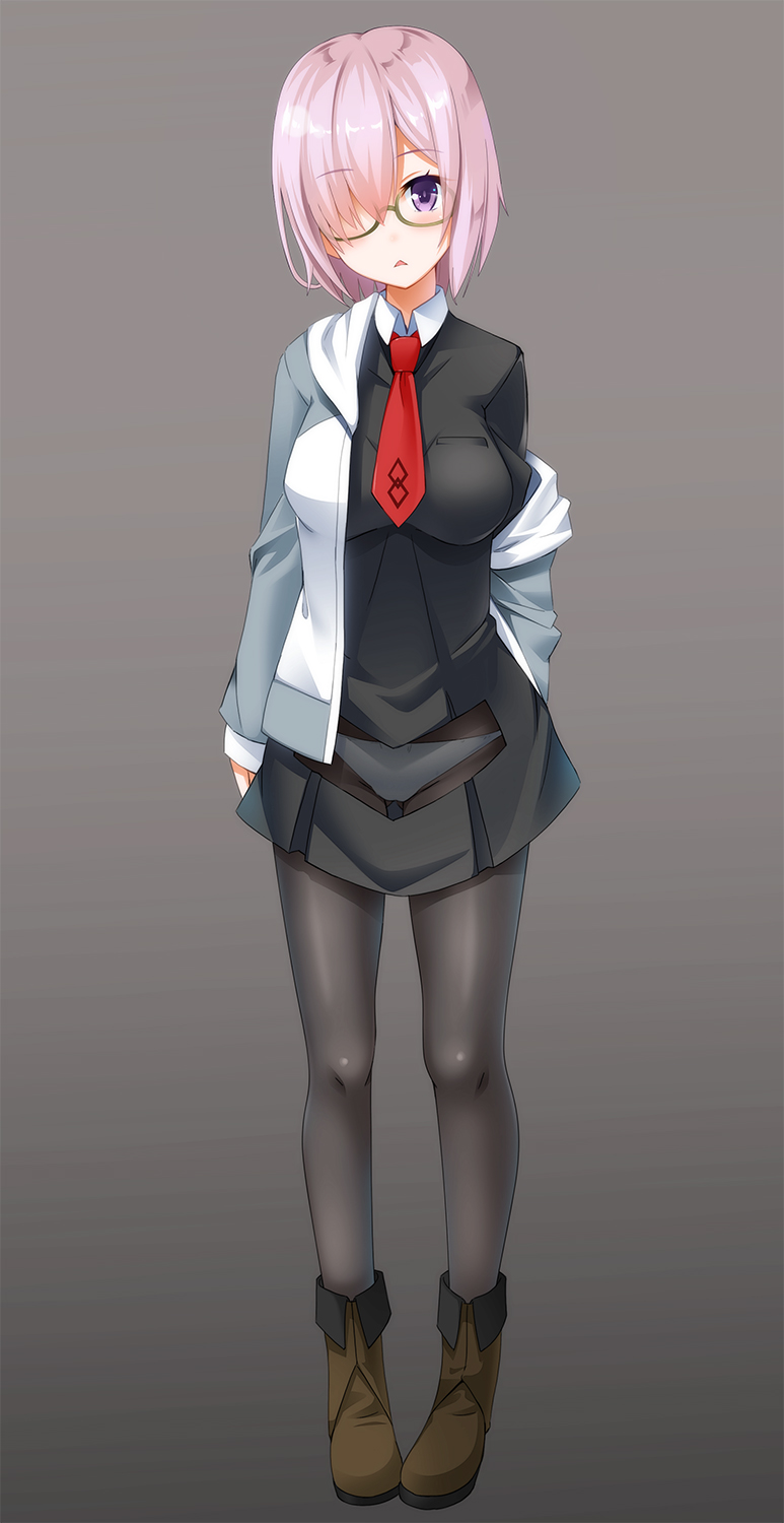 1girl, arms_behind_back, black_legwear, blush, boots, breasts, brown_boots, collared_shirt