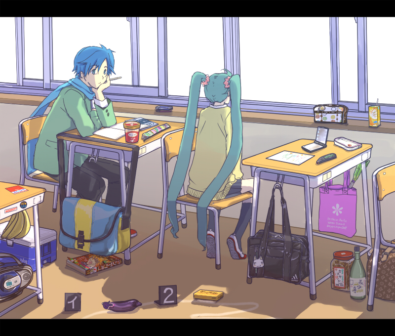 bag, banana, blue_eyes, blue_hair, book, bottle, box, classroom