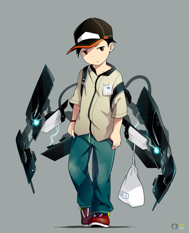 1boy, baseball_cap, black_hair, brown_eyes, full_body, grey_background, hat, looking_at_viewer