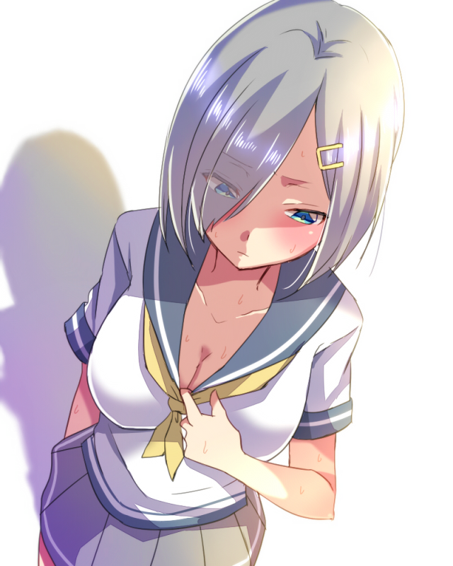1girl, blue_eyes, chihiro_(oimo), hair_ornament, hair_over_one_eye, hairclip, hamakaze_(kantai_collection), kantai_collection