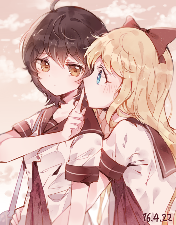 2girls, blonde_hair, blue_eyes, bow, brown_eyes, brown_hair, dated, finger_to_mouth