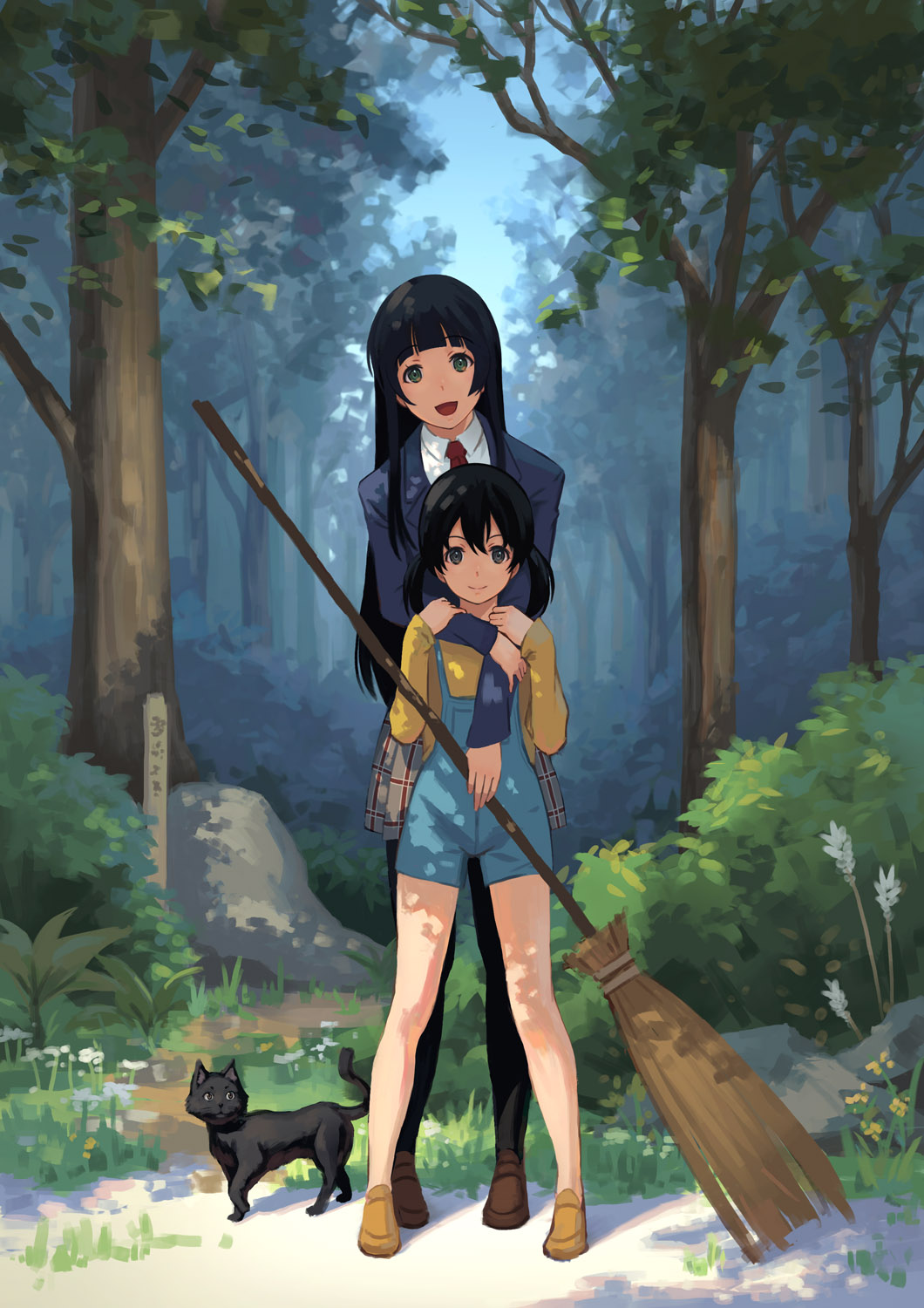 2girls, :d, animal, arm_holding, bangs, bare_legs, black_cat, black_hair