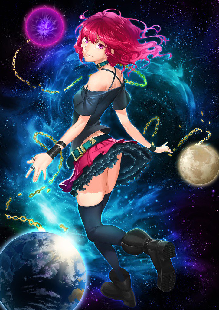 1girl, bare_shoulders, belt, black_boots, black_legwear, black_shirt, boots, breasts, butt_crack, chain, choker, collar, earth_(ornament), floating_object, frilled_skirt, frills, from_behind, hecatia_lapislazuli, jewelry, knee_boots, legwear, looking_at_viewer, looking_back, moon_(ornament), no_hat, no_headwear, open_hand, open_mouth, outstretched_hand, pleated_skirt, red_eyes, redhead, sanwood_mori, shirt, short_hair, short_sleeves, sidelocks, skirt, sky, solo, space, star, star_(sky), starry_background, starry_sky, thigh-highs, thighs, touhou, triangle, universe, zettai_ryouiki