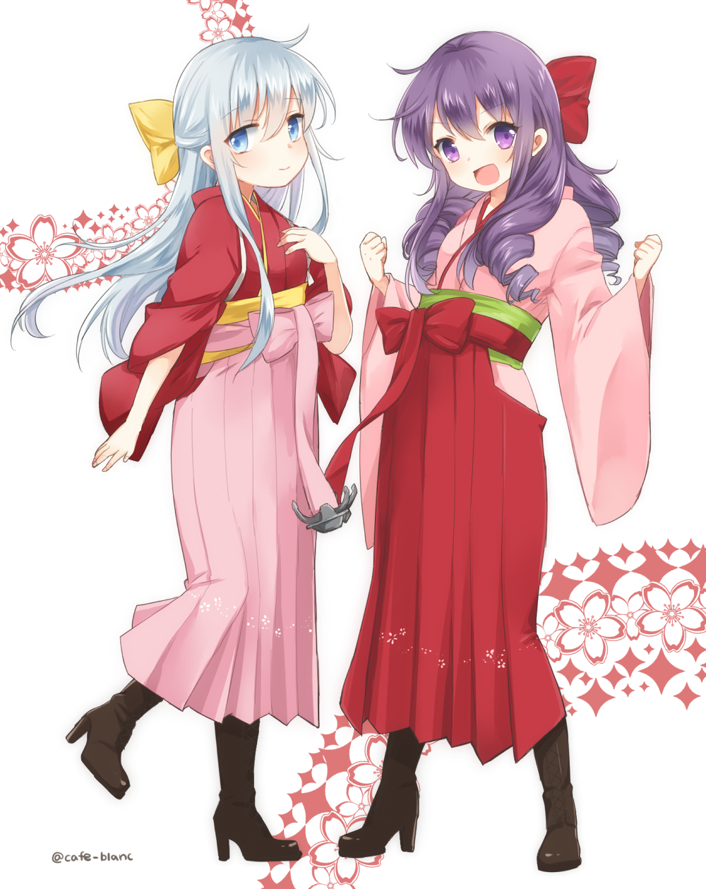 2girls, akatsuki_(kantai_collection), alternate_hairstyle, blue_eyes, cosplay, drill_hair, harukaze_(kantai_collection), harukaze_(kantai_collection)_(cosplay)